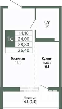 1-к квартира, вторичка, 26м2, 4/15 этаж