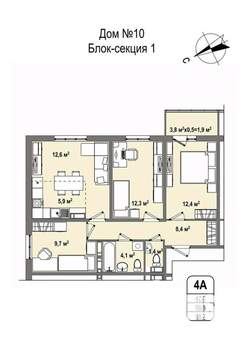4-к квартира, строящийся дом, 69м2, 3/16 этаж