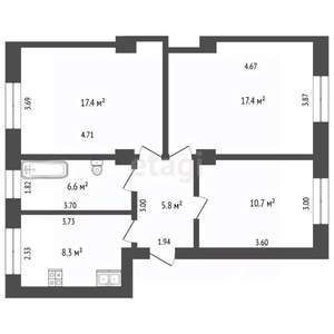 3-к квартира, вторичка, 66м2, 1/4 этаж
