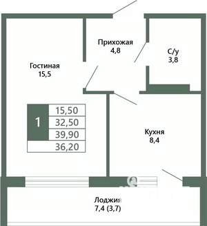 1-к квартира, вторичка, 36м2, 12/15 этаж