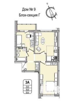 3-к квартира, строящийся дом, 58м2, 16/16 этаж