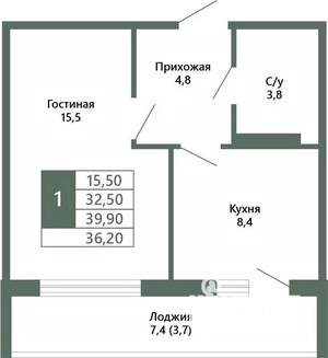 1-к квартира, вторичка, 36м2, 7/15 этаж