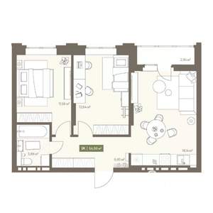 2-к квартира, вторичка, 55м2, 5/16 этаж