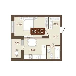 1-к квартира, вторичка, 38м2, 12/20 этаж