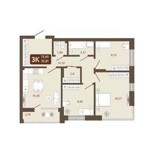 3-к квартира, вторичка, 76м2, 20/25 этаж