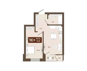 1-к квартира, вторичка, 42м2, 13/25 этаж
