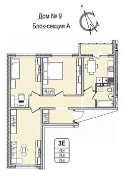 3-к квартира, строящийся дом, 76м2, 4/16 этаж