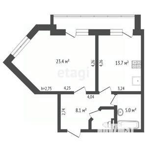 1-к квартира, вторичка, 52м2, 9/10 этаж