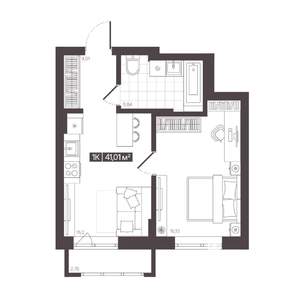 1-к квартира, строящийся дом, 41м2, 3/9 этаж