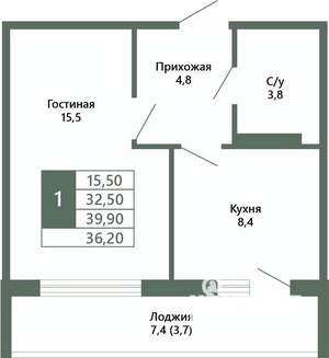 1-к квартира, вторичка, 36м2, 3/15 этаж