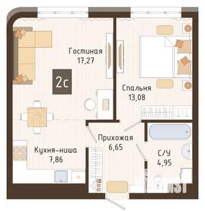 1-к квартира, вторичка, 50м2, 3/7 этаж