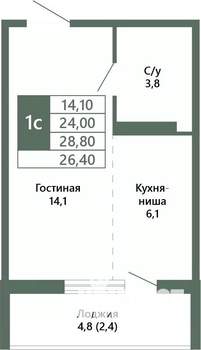 1-к квартира, вторичка, 26м2, 2/15 этаж