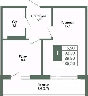 1-к квартира, вторичка, 36м2, 4/15 этаж