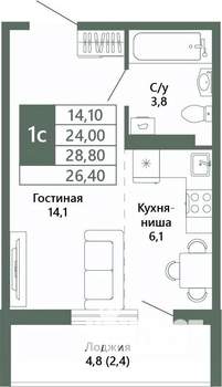 1-к квартира, вторичка, 26м2, 15/15 этаж