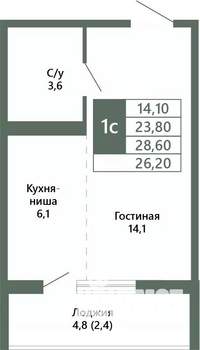 1-к квартира, вторичка, 26м2, 2/15 этаж