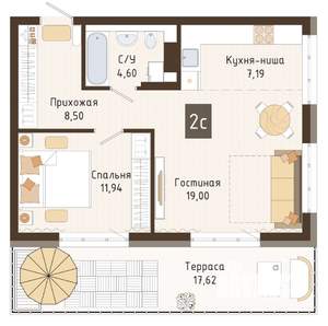 1-к квартира, вторичка, 51м2, 2/7 этаж