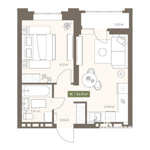 1-к квартира, вторичка, 35м2, 12/16 этаж