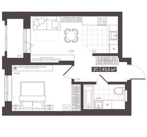 2-к квартира, вторичка, 44м2, 5/16 этаж