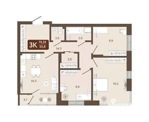3-к квартира, вторичка, 75м2, 18/25 этаж