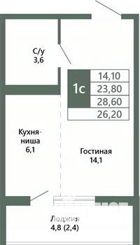 1-к квартира, вторичка, 26м2, 6/15 этаж
