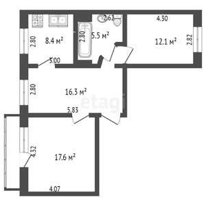 3-к квартира, вторичка, 61м2, 9/9 этаж
