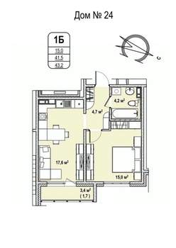 1-к квартира, строящийся дом, 43м2, 9/17 этаж