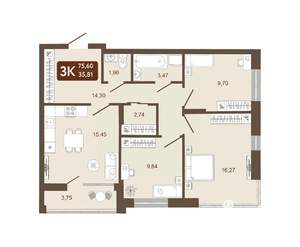 3-к квартира, вторичка, 76м2, 2/25 этаж