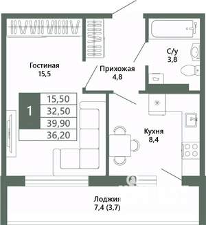 1-к квартира, вторичка, 36м2, 2/15 этаж