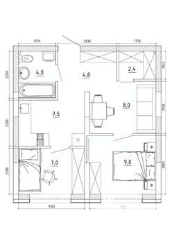 2-к квартира, вторичка, 44м2, 5/8 этаж