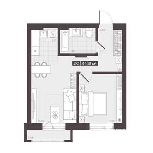 2-к квартира, строящийся дом, 44м2, 4/9 этаж