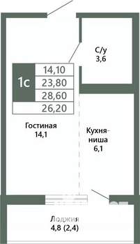 1-к квартира, вторичка, 26м2, 13/15 этаж