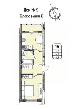 1-к квартира, строящийся дом, 37м2, 14/16 этаж