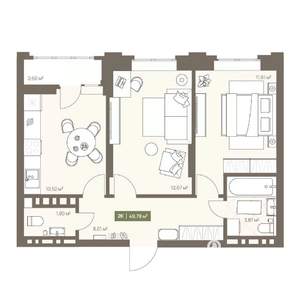 2-к квартира, вторичка, 50м2, 2/16 этаж
