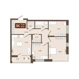 3-к квартира, вторичка, 76м2, 2/25 этаж