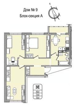 3-к квартира, строящийся дом, 76м2, 15/16 этаж