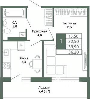1-к квартира, вторичка, 36м2, 6/15 этаж
