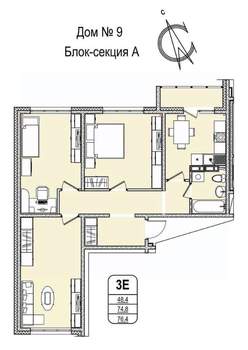3-к квартира, строящийся дом, 76м2, 14/16 этаж