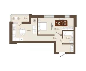 1-к квартира, вторичка, 42м2, 15/25 этаж