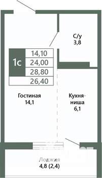1-к квартира, вторичка, 26м2, 4/15 этаж