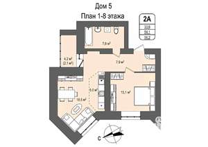 2-к квартира, строящийся дом, 56м2, 2/16 этаж