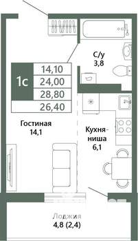 1-к квартира, вторичка, 26м2, 11/15 этаж