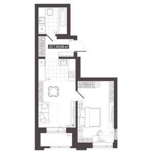 2-к квартира, строящийся дом, 50м2, 12/16 этаж
