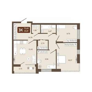 3-к квартира, вторичка, 76м2, 19/25 этаж