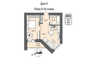 2-к квартира, строящийся дом, 46м2, 13/16 этаж