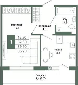 1-к квартира, вторичка, 36м2, 3/15 этаж