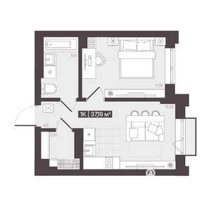 1-к квартира, вторичка, 37м2, 12/16 этаж