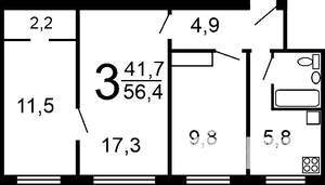 3-к квартира, вторичка, 57м2, 2/5 этаж