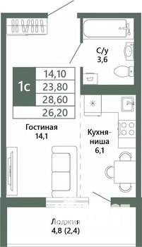 1-к квартира, вторичка, 26м2, 10/15 этаж