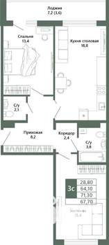 2-к квартира, вторичка, 68м2, 8/15 этаж