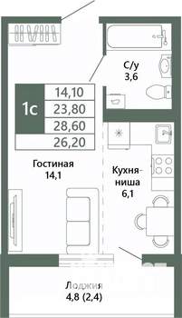 1-к квартира, вторичка, 26м2, 14/15 этаж